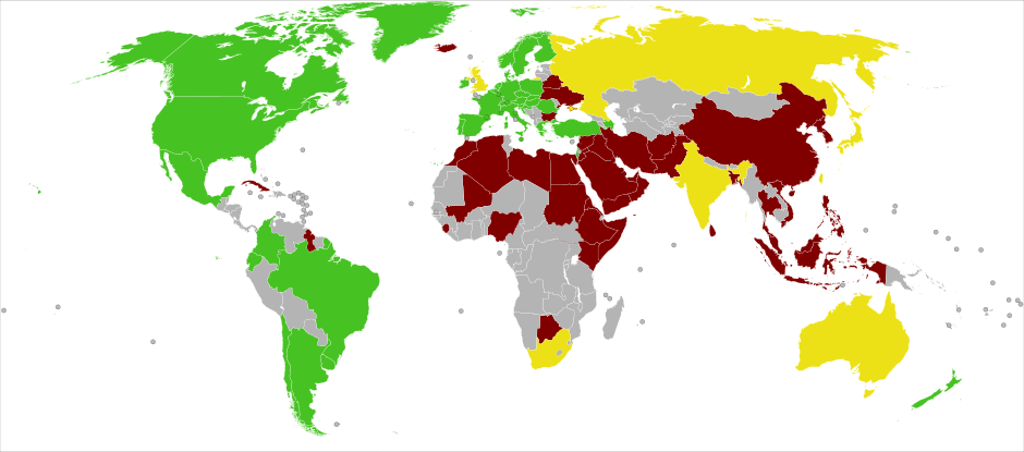 Legal status of pornography by country. Red is illegal, Yellow is legal with restrictions, Green is legal. (N. on wikipedia)