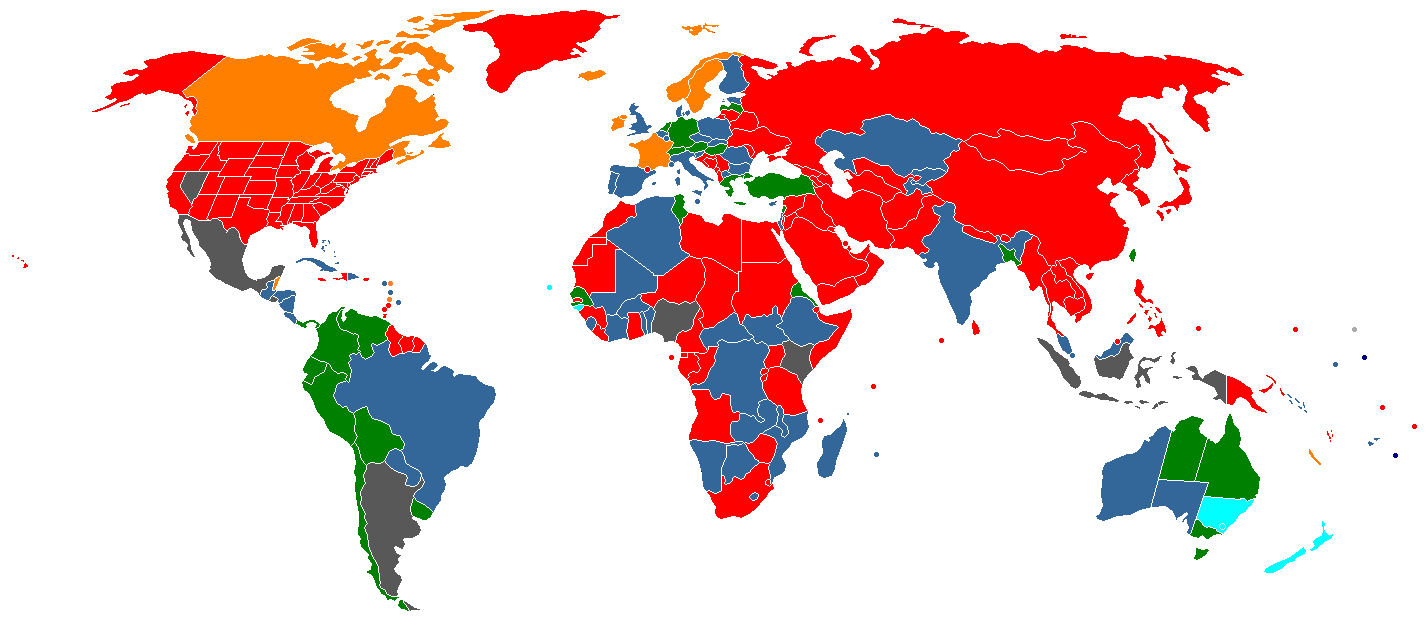 Legal status of prostitution by country. Red and Orange is illegal, Dark Blue is legal but unregulated, Green is legal and regulated, and Light Blue is decriminalized. (J. B. on wikipedia)